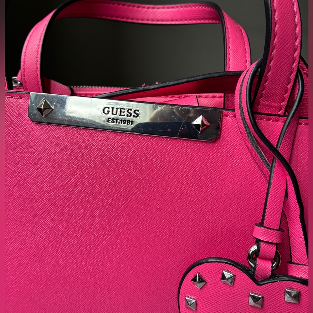 GUESS Pink Saffiano Leather Satchel with Heart Charm - Picture 3 of 14